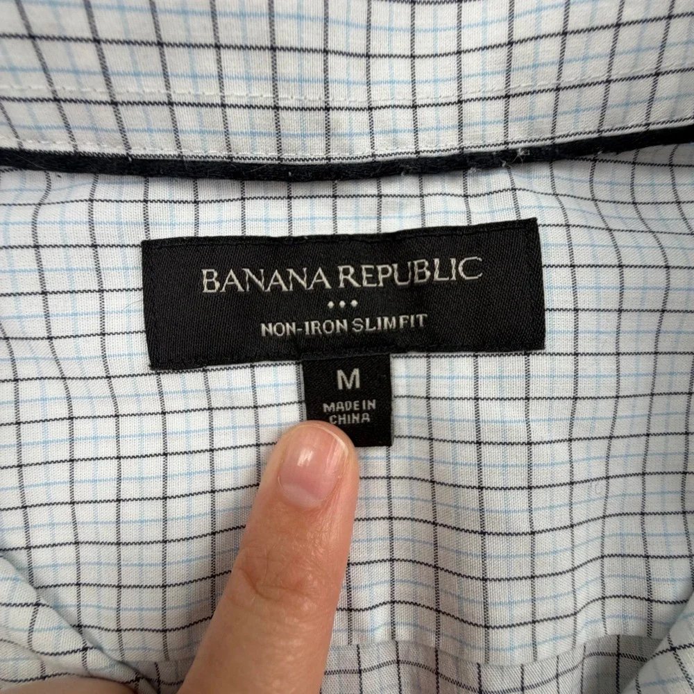 Banana Republic Slim Fit Non-Iron Grid Check Shirt White Men's Medium 15-15.5